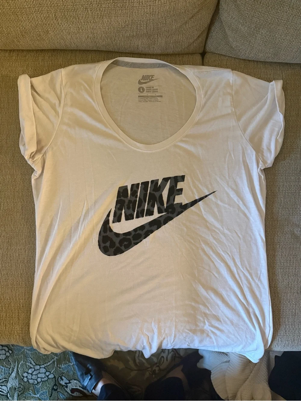 Nike White Short Sleeve Scoop Tee with Black Leopard Logo